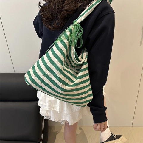 Tote Bag en Toile Rayée Grande Capacité Style Coréen pour Femmes Sac à Épaule Décontracté Avec Nœud en Dentelle
