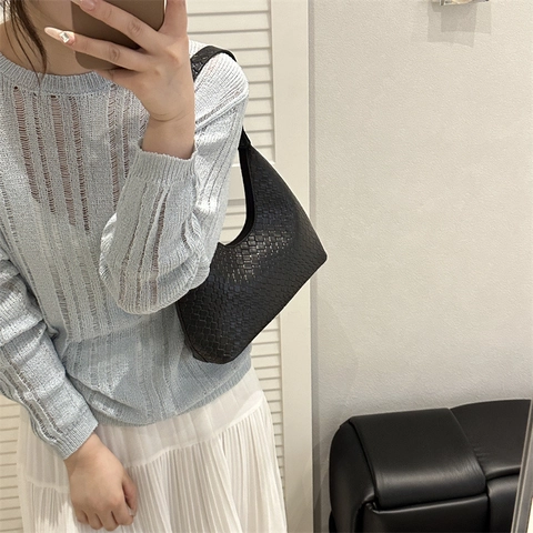 Bolso Minimalista de Cuero PU Tejido de Media Luna Para Mujer Bolso de Axila de Moda Color Sólido Gran Capacidad Bolso de Hombro Diario