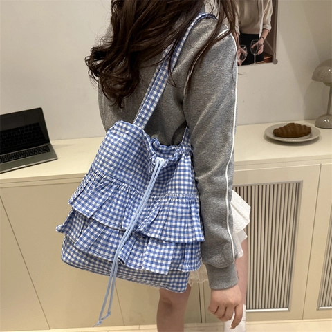 Borsa Tote da Donna in Tela Gingham Coreana Con Volant e Coulisse Grande Capacità Borsa a Tracolla a Quadretti per Pendolari