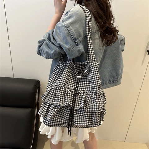 Sac Cabas à Volants Gingham pour Femmes Grande Capacité Sac à Bandoulière en Toile Doux avec Cordon de Serrage