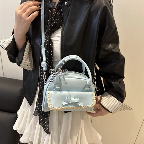 Zoete Dames PU Leren Schoudertas Met Kant Strik Decor Mode Schelpvorm Handtas Chic Woon-werkverkeer Crossbody Tas Voor Dames