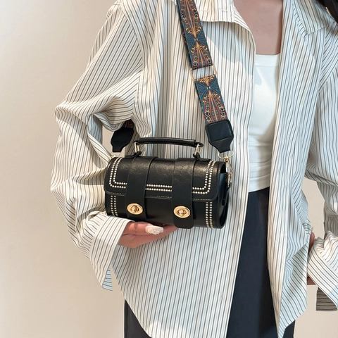 Bolso Bandolera Vintage de Cuero PU para Mujer Bolso de Mano Retro con Remaches y Doble Cierre con Correa Ancha Estampado Étnico