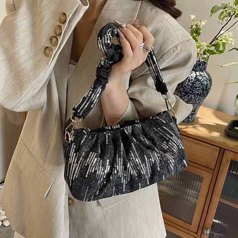 Women Ruched Underarm Bag Elegant Floral Satin Shoulder Bag Sequined Square Bag Y2K Trendy Bag For Daily Travel Party