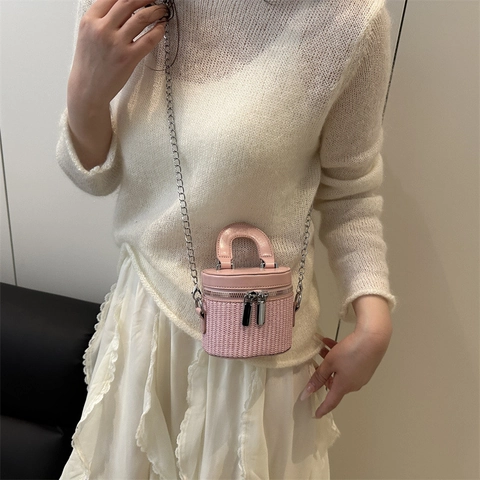 Borsa a Secchiello Cilindrica Mini da Donna in Pelle PU Con Trama Intrecciata Tracolla a Catena Doppia Cerniera Crossbody