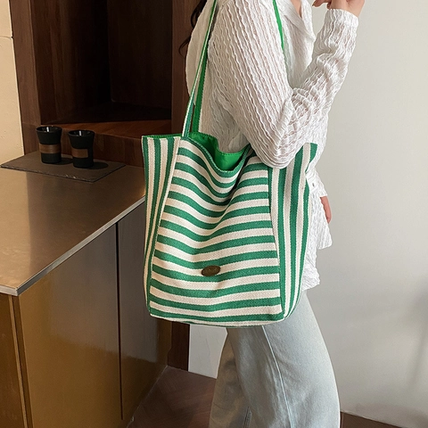Trendy Striped Canvas Tote Bag For Women Large Capacity Casual Shoulder Bag Double Handle Shopping Commuting Handbag
