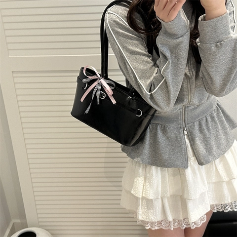 Trendy PU Leather Baguette Shoulder Bag For Women Niche Design Ribbon Bow Decoration Simple Casual Underarm Tote Handbag