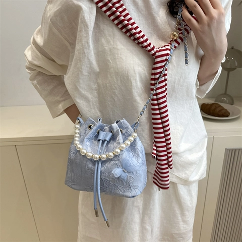 Borsa a Secchiello Jacquard in Pizzo Nuovo Stile Cinese da Donna Elegante Manico in Perla Artificiale Borsa a Tracolla in PU