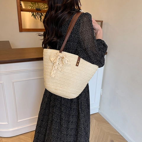 Damen Mode Stroh Gewebte Eimertasche Große Kapazität Sommer Strand Tote Schultertasche Mit Spitzenschleife Lässige Urlaub Handtasche