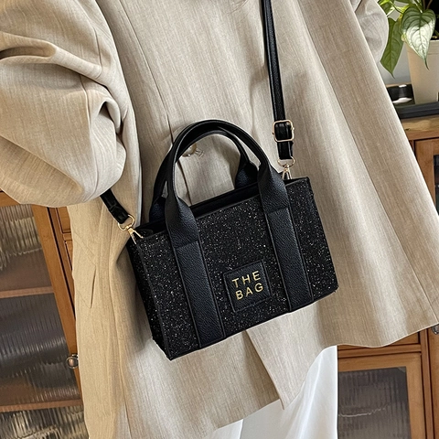 Borsa Mini Tote in Pelle PU Glitterata Tracolla Spalla Piccola Quadrata Pendolare Moda Donna Casual Borsa Versatile