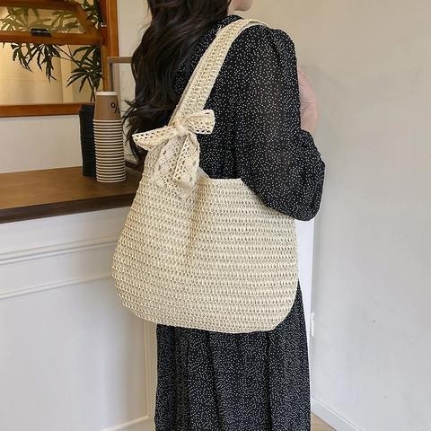 Women Large Capacity Woven Tote Bag With Lace Bow Hand Crafted Casual Summer Beach Shoulder Bag For Travel Daily Fashion