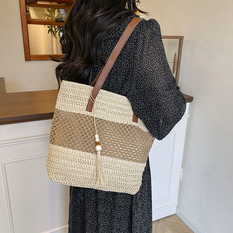 Dames Bohemian Geweven Stro Tote Bag Kleurblok Gestreepte Grote Capaciteit Schoudertas Met Kwastje Houten Kraal Charm Vakantie Strandtas