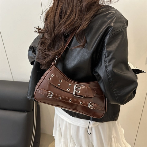 Vintage Y2K Punk Style PU Leather Shoulder Bag Retro Biker Baguette Bag With Metal Eyelets Buckles Women Fashion Hobo Bag