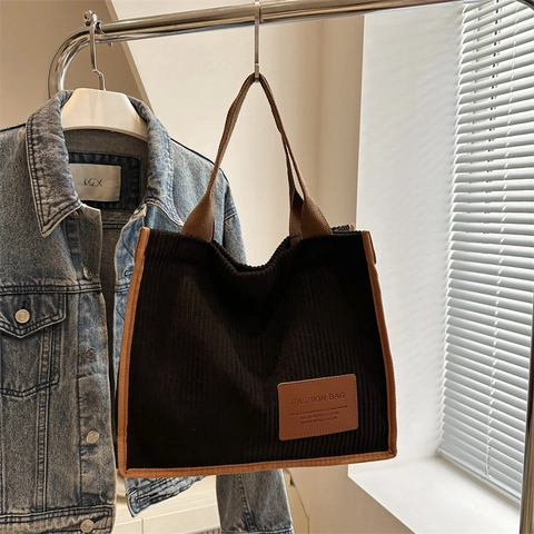 Women Corduroy Large Capacity Tote Bag Fashion Striped Shoulder Bag Vintage Style Contrast Color Casual Commute Handbag