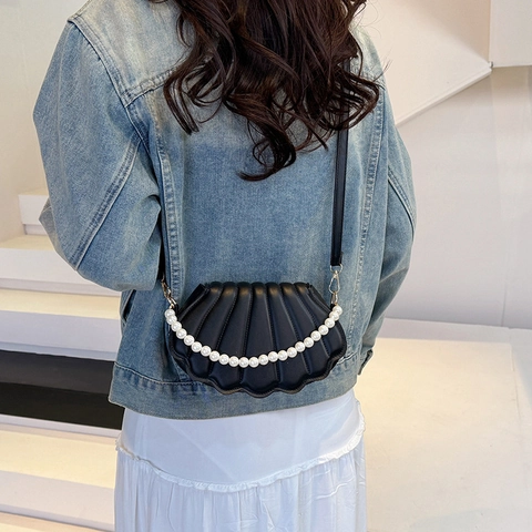 Women Elegant Shell Shaped Crossbody Bag With Artificial Pearl Handle PU Leather Pleated Fashion Shoulder Bag Daily Purse