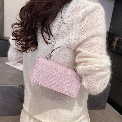 Elegante Borsa da Sera da Donna Clutch con Strass Brillanti Piccola Borsa a Tracolla Quadrata Con Manico ad Anello in Metallo e Catena Rimovibile