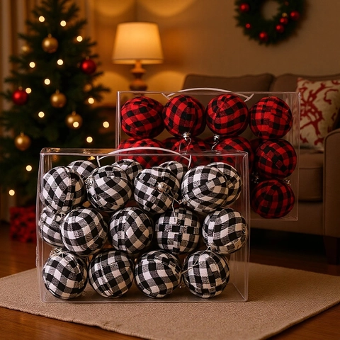 Christmas Tree Buffalo Plaid Fabric Foam Ball Hanging Ornaments For Holiday Party Home Christmas Tree Decor Gift Set