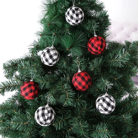 Christmas Tree Buffalo Plaid Fabric Foam Ball Hanging Ornaments For Holiday Party Home Christmas Tree Decor Gift Set