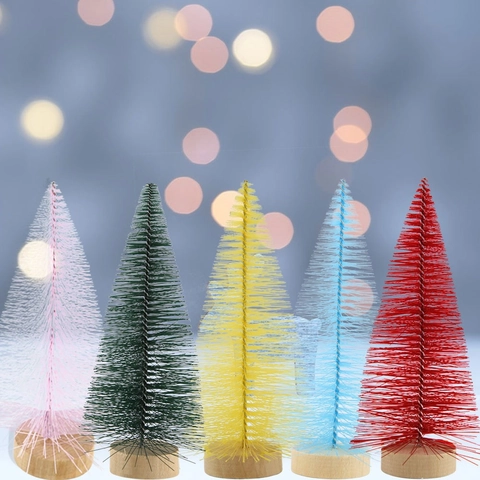 Miniature Christmas Tree Multi Color Plastic Pine Needle With Wood Base Tabletop Decoration Artificial Tree For Holiday Party
