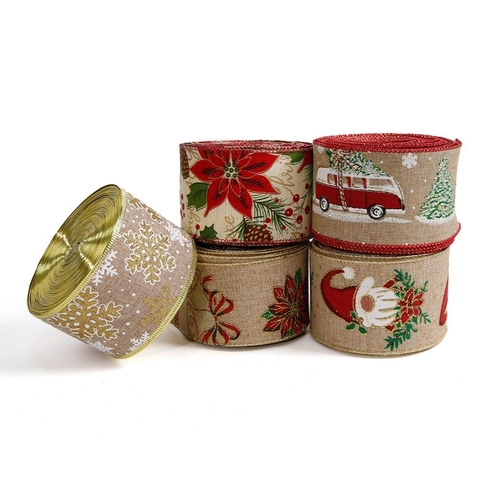 Nastro di Natale Effetto Lino Albero di Natale Camion Rosso Fiocco di Neve Nastro Stampato per Confezioni Regalo Decorazione Festa