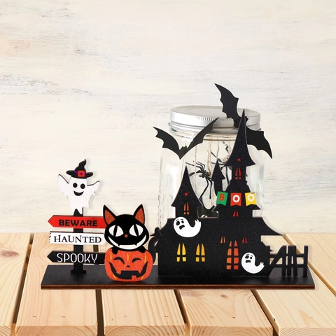 Décoration de Table en Bois d'Halloween Château Hanté Fantôme Citrouille Chauve-Souris Ornements pour Fête Maison Décor de Bureau