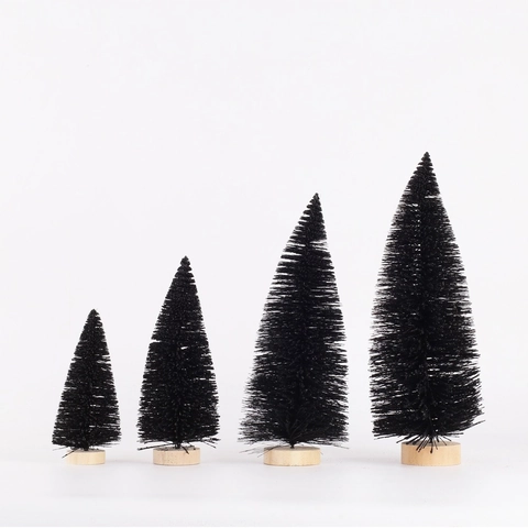 Miniature Black Pine Needle Christmas Tree With Natural Wood Base Small Desktop Ornament For Holiday Home Office Christmas Decoration