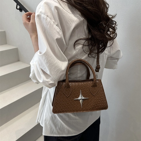 Fashion Women PU Leather Small Square Bag With Star Metal Buckle Woven Texture Shoulder Crossbody Bag For Daily Use