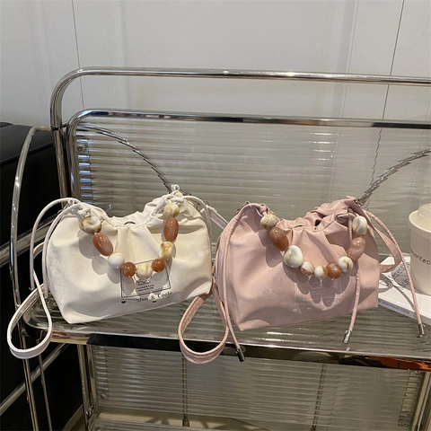 Bolso Cubo Fruncido para Mujer Asa de Cuentas Casual Cordón Bolso de Hombro Bandolera Estampado de Oso Bolso Pequeño