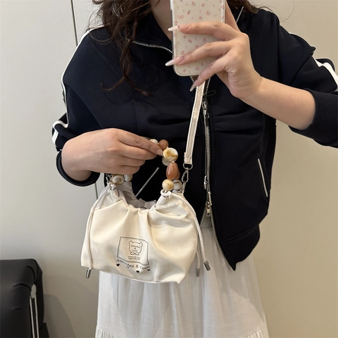Women Fashion Canvas Bucket Bag With Drawstring Closure Marble Resin Bead Handle Casual Shoulder Crossbody Bag For Daily Use