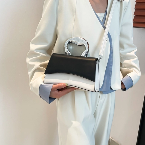 Dames Kleurblok Zandloper Crossbodytas Moderne Handtas Met Onregelmatig Metalen Handvat Mode Street Trend Schoudertas