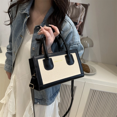 Petit Sac Carré Femme en Toile et Cuir PU Patchwork Design Minimaliste Contrasté avec Poignée et Bandoulière Sac à Main Mode