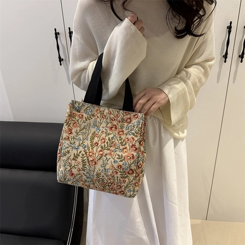 Borsa Tote da Donna Vintage in PU Jacquard con Fiori e Farfalle Stile Pastorale Artistico Grande Capacità Borsa a Tracolla