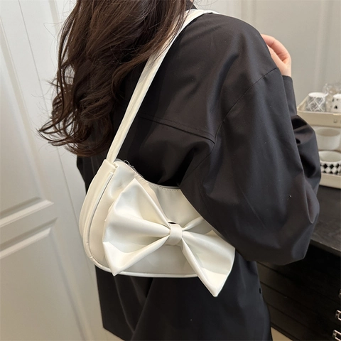 Bolso de Axila con Lazo de Moda para Mujer Bolso de Hombro de Cuero PU de Color Sólido Bolso Cuadrado Pequeño para Estilo Diario
