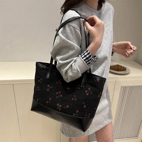 Modische Damen Einkaufstasche Mit Kirschdruck Große Kapazität PU Material Lässig Umhängetasche Trendige Alltag Handtasche