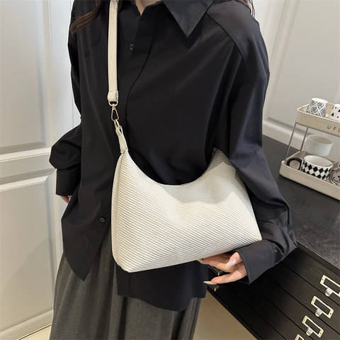 Bolso Bandolera para Mujer de Cuero PU Casual Moda de Verano Bolso Hobo Minimalista con Textura de Sarga Grabada Color Sólido
