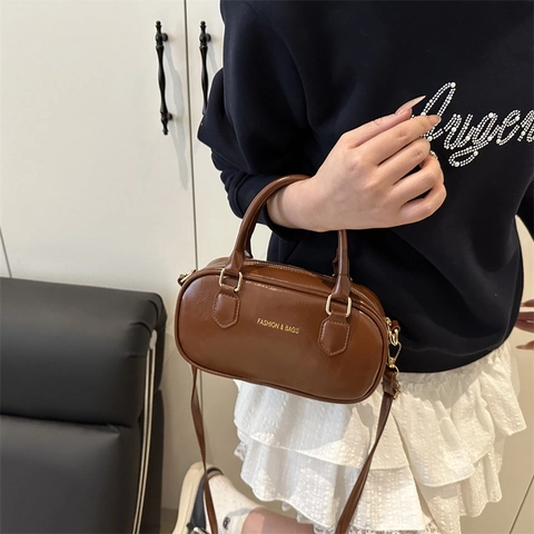 Borsa Boston da Donna in Pelle PU Retrò Borsa a Mano Minimalista Con Tracolla Regolabile Hardware Oro Piccola Borsa a Tracolla Lucida