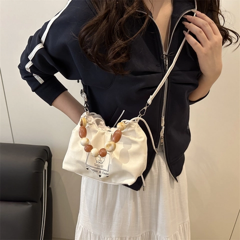 Bolso Cubo Fruncido para Mujer Asa de Cuentas Casual Cordón Bolso de Hombro Bandolera Estampado de Oso Bolso Pequeño
