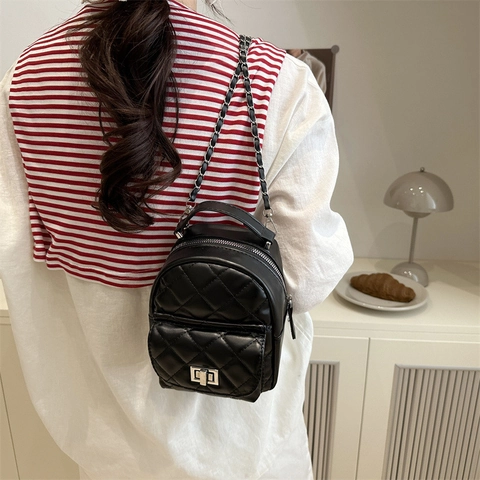 Women Mini Quilted Backpack PU Leather Fashion Diamond Pattern Handbag Chain Strap Daily Small Travel Rucksack Top Handle Bag