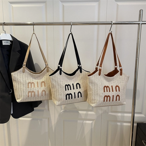 Damen Casual Strohgewebt Tote Bag Große Kapazität Minimalistisch Sommer Strand Umhängetasche Mit Buchstabenstickerei
