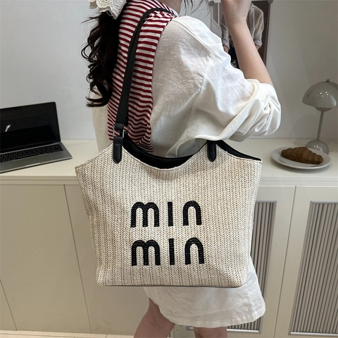 Damen Casual Strohgewebt Tote Bag Große Kapazität Minimalistisch Sommer Strand Umhängetasche Mit Buchstabenstickerei