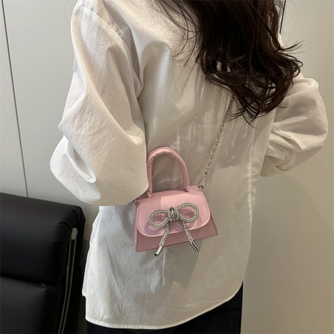 Mode Mädchen Strass Bogen Mini Handtasche Für Damen PU Leder Umhängetasche Kleine Quadratische Tasche Mit Metallkette