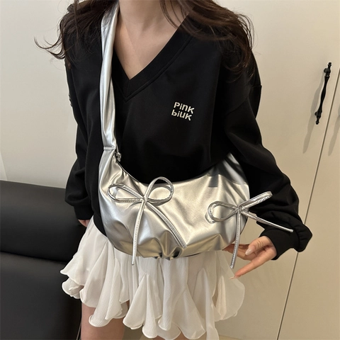 Mode Geraffte Dumpling Schultertasche Für Damen PU Leder Metallic Schleifen Achseltasche Y2K Street Style Casual Handtasche