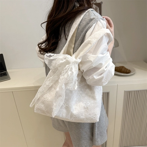 Elegante Kanten Canvas Tote Bag Voor Dames Grote Strik Bloemen Borduursel Schoudertas Casual Grote Capaciteit Handtas