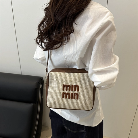 Sac Bandoulière Vintage en Paille Tissée pour Femmes Petit Sac à Épaule Carré Avec Bandoulière Réglable Sac Caméra à la Mode
