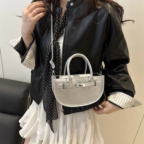 Bolso de Media Luna de Cuero PU Minimalista Bolso Bandolera con Cierre de Metal Color Sólido Bolso de Mano Moda Bolso de Hombro