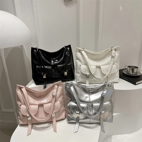 Borsa Tote da Donna in Pelle PU Lucida Grande Capacità Tasche Multiple Borsa a Tracolla Stile Casual Y2K Metallizzata per Uso Quotidiano