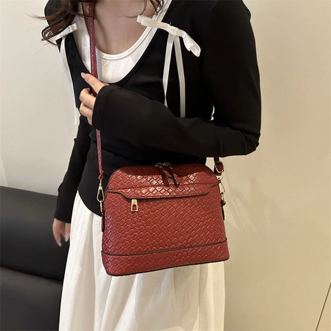 Bolso Bandolera Retro de Cuero PU Tejido para Mujer Bolso de Hombro Casual de Color Sólido Con Cremallera Dorada de Moda Elegante