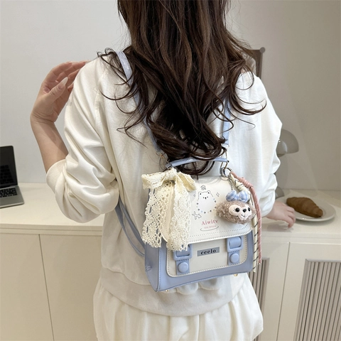 Mini Sac à Dos en Cuir PU pour Filles Nœud en Dentelle Douce Couture Couleur Contrastée Ours Dessin Animé Sac d'école Enfants Ados Sac Bandoulière