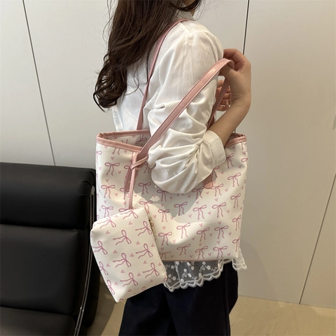 Damen Süß Schleife Muster Tragetasche Set Große Kapazität PU Leder Umhängetasche Mit Kleiner Tasche Für Tägliche Pendeln Schule