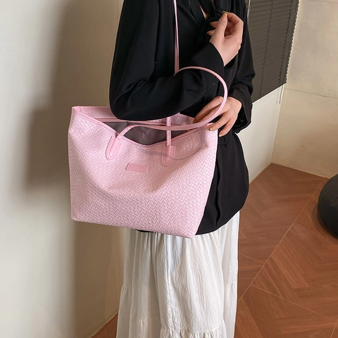 Bolso Tote Tejido de Gran Capacidad para Mujer Informal Elegante Color Sólido Cuero PU Bolso de Hombro Elegante Diario
