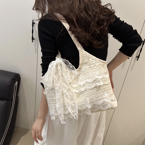 Grand Sac en Dentelle pour Femme Style Rétro Français avec Volants Superposés et Grand Nœud Sac Sous le Bras Blanc Cassé pour Vacances